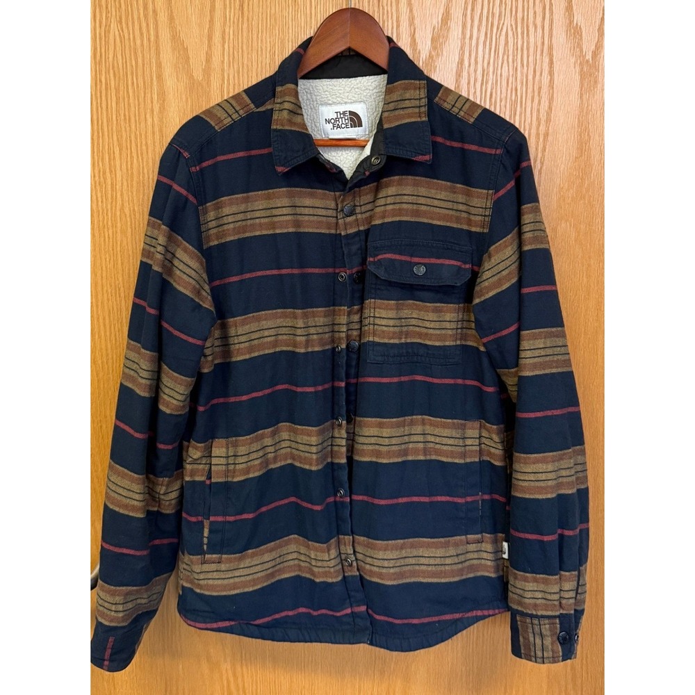 The North Face Campshire Sherpa Lined Shirt Jacket Navy Stripe Mens Small